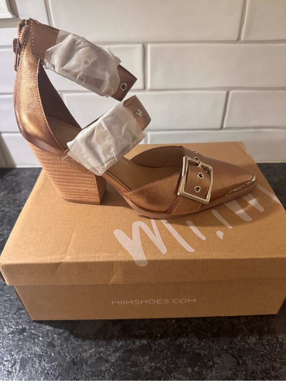 Miracle Miles Metallic Copper Buckle Block Heel Sandal